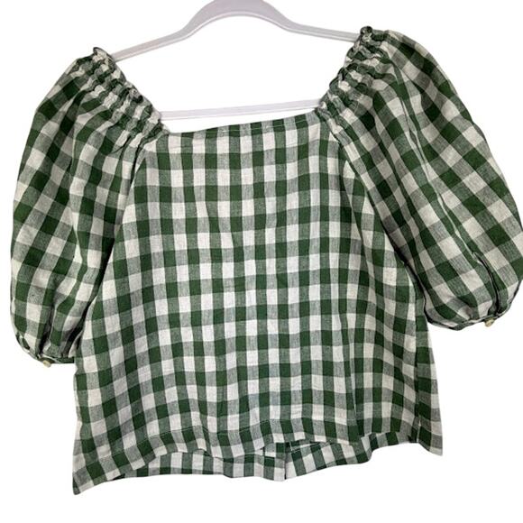 Madewell Gingham Puff Sleeve Crop Top Green Linen Blend XS - Picture 3 of 4